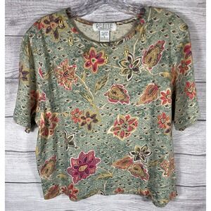 Vintage Petite Sophisticates Womens Large Floral Cottagecore Top Green Pink